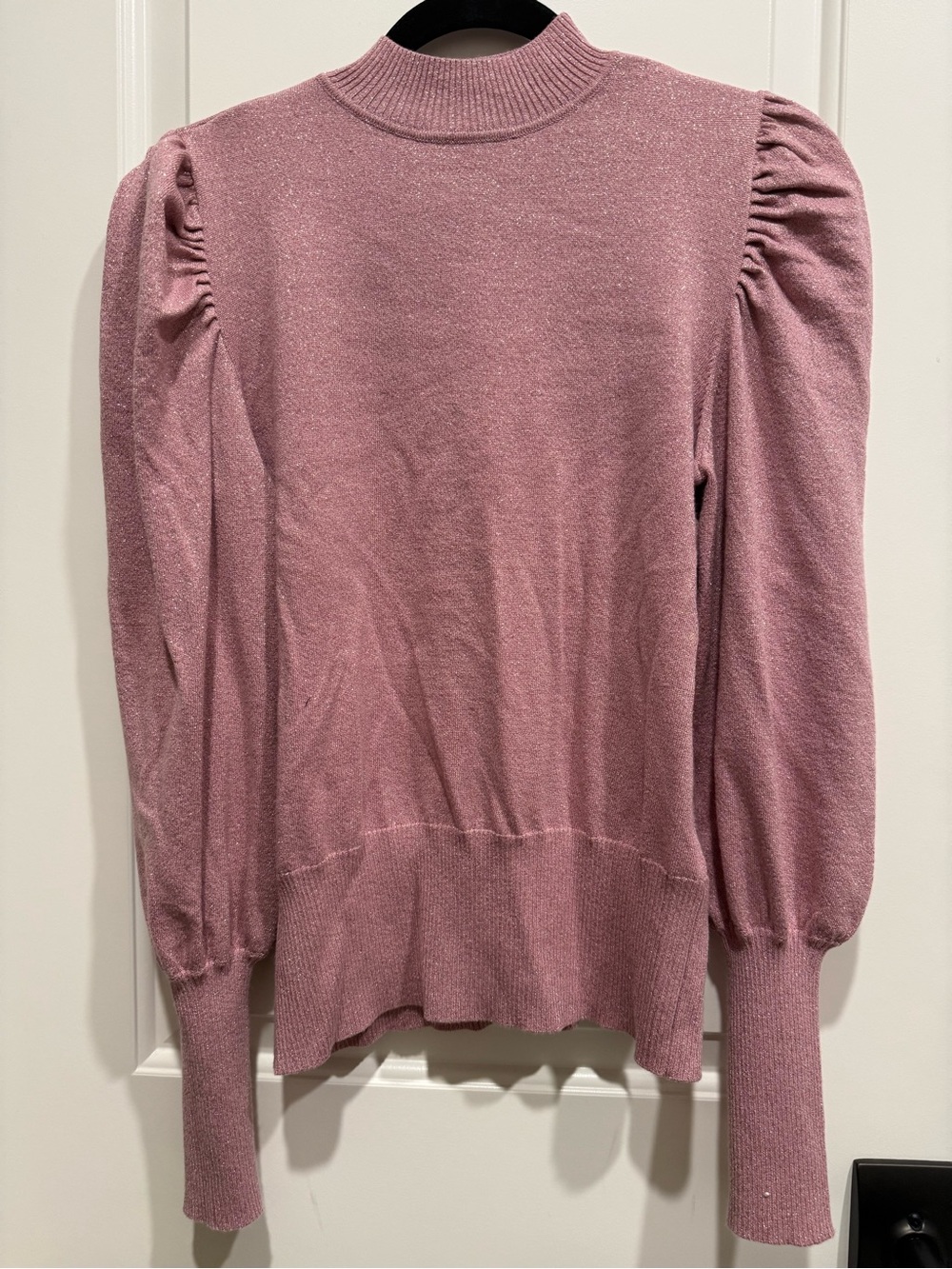 Women's Puff-Sleeve Mock Neck Sweater - Dusty Rose with subtle metallic gold